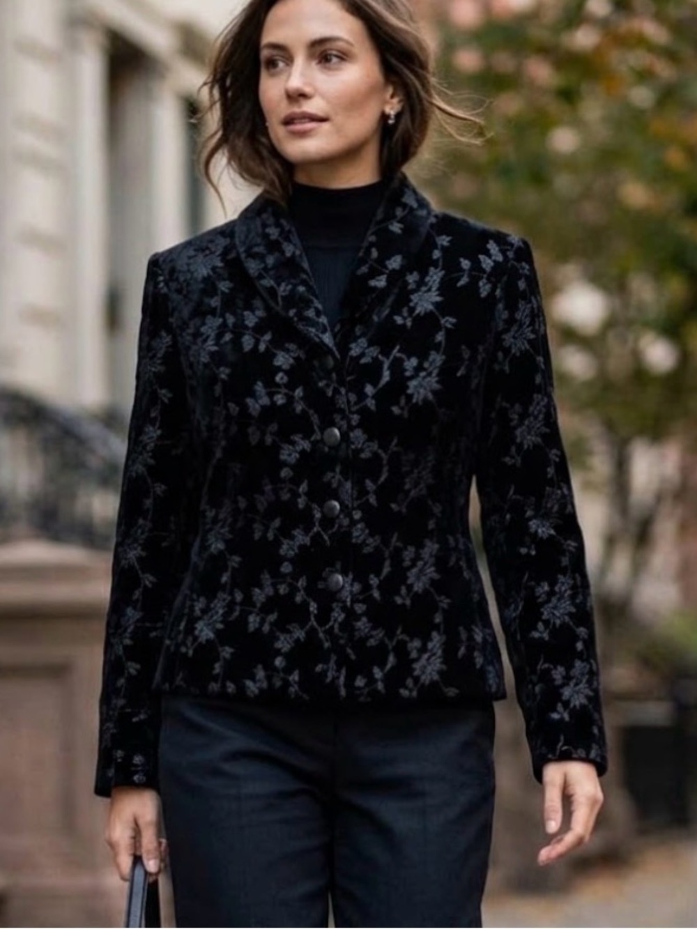 Oscar de La Renta Black Velvet Embellished Embroidered Floral Blazer Jacket Sz 6
